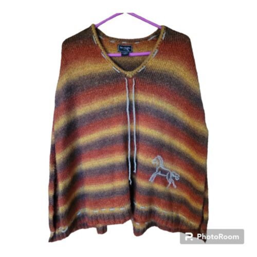 BIT & BRIDLE FOR HER Burnt Orange &‎ Gold Knit Poncho w/Embroidery Detail One Sz